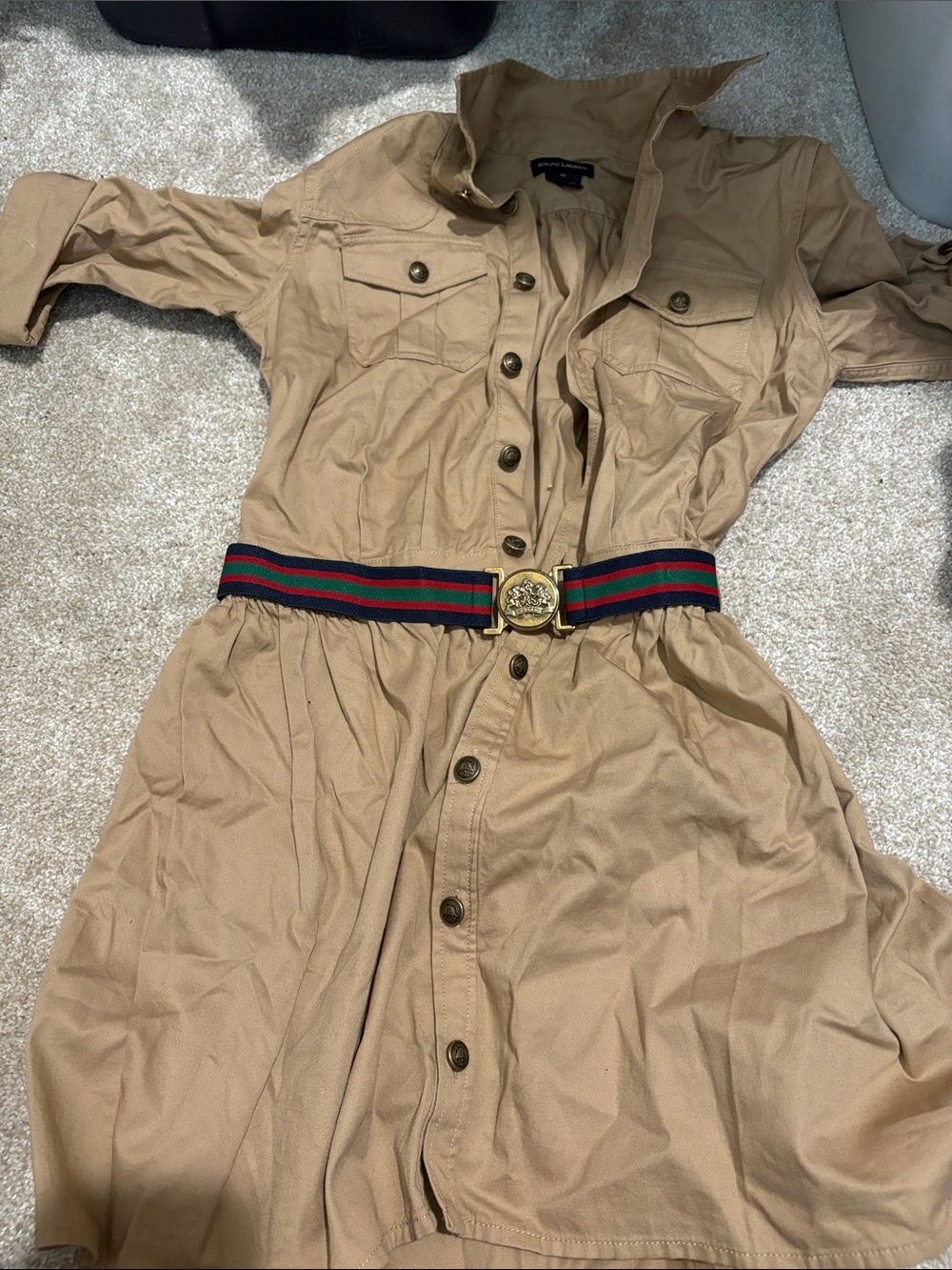 Ralph Lauren Beige Button-Front Utility Shirt Dress with Contrast Web Belt